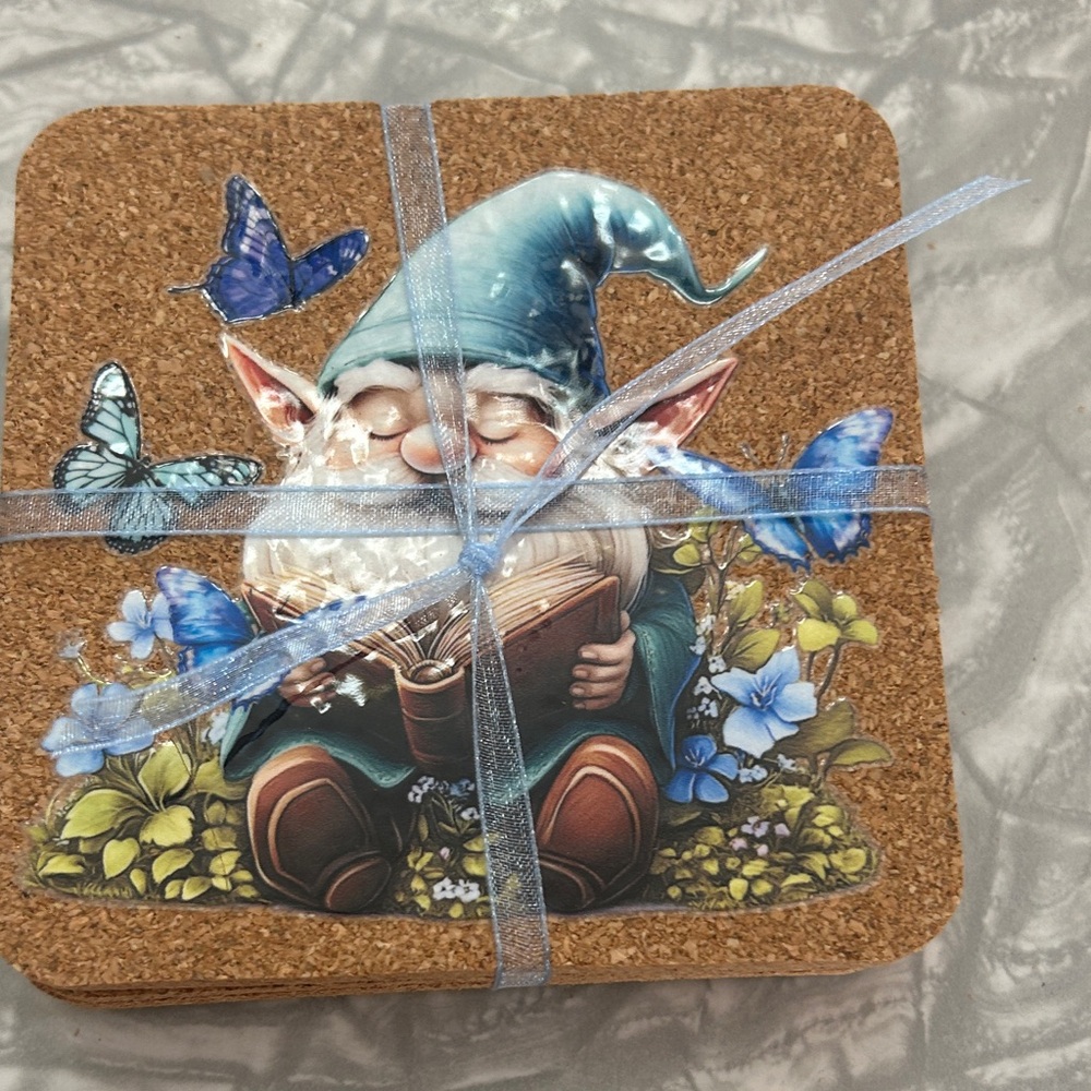 Charming Blue Gnome Cork Coasters Set